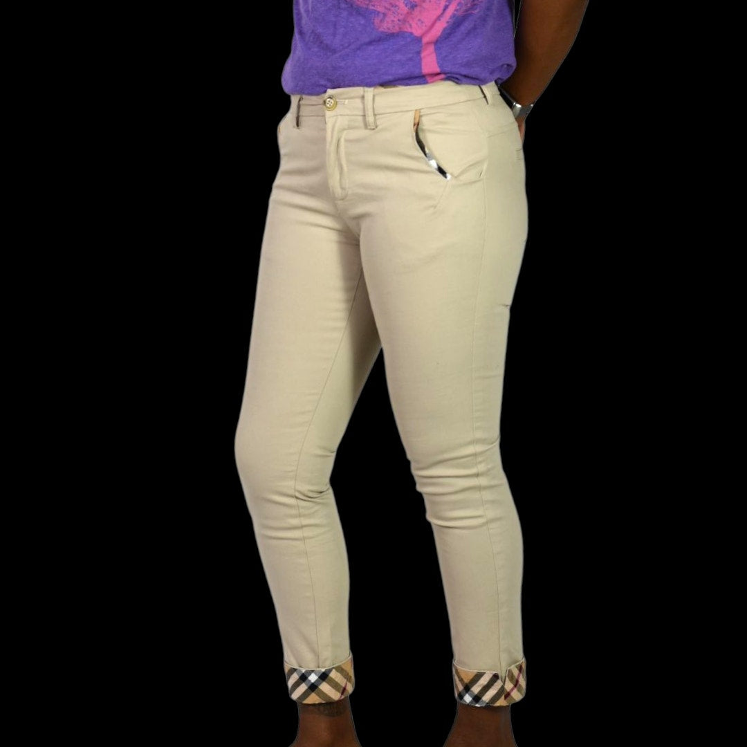 Burberry Khaki Pants Tan Nova Check Chino Cuff Tapered Ankle Cropped Low Rise 26