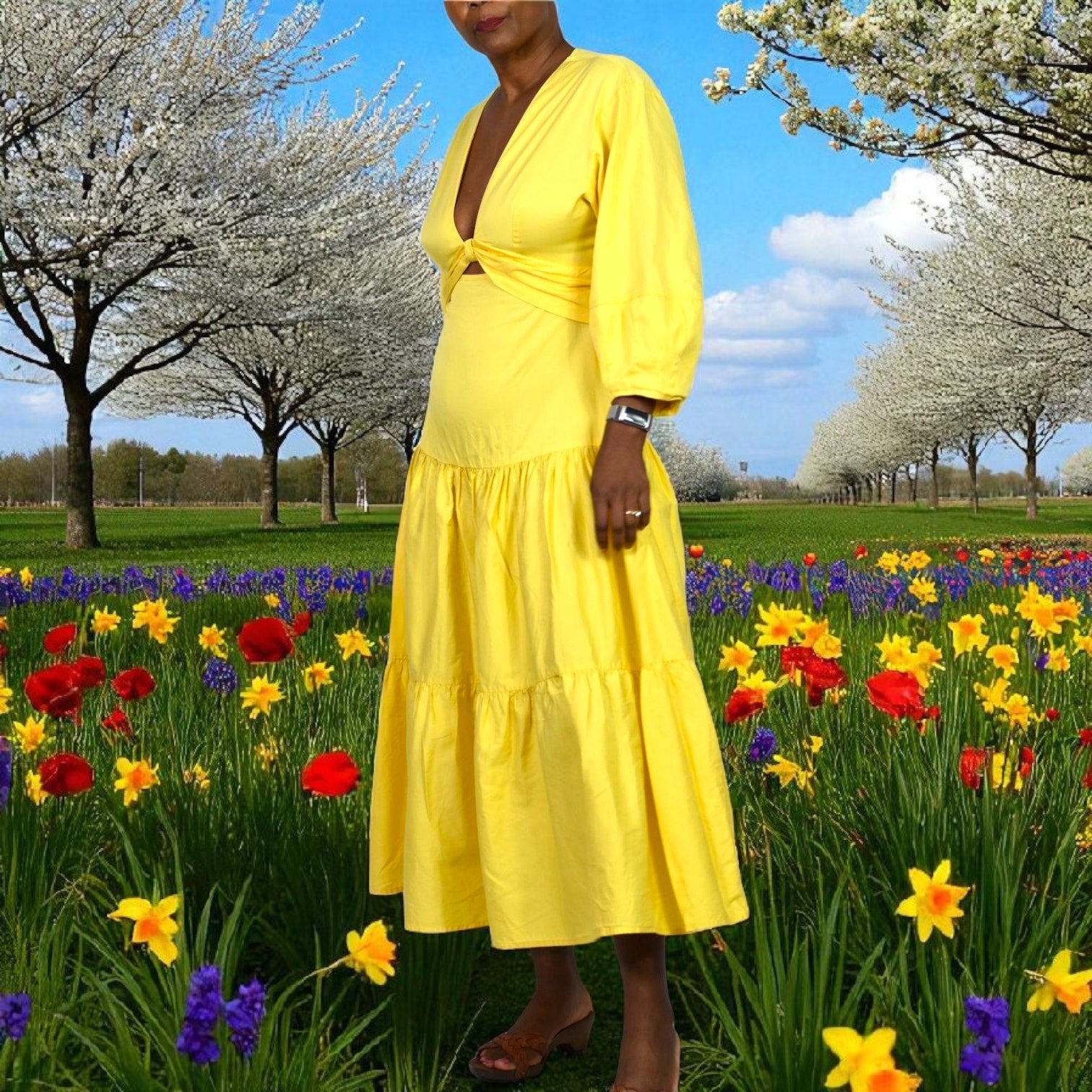 Derek Lam Twist Front Midi Dress Yellow Waist Cutout Poplin Cotton Tiered Medium 40 8
