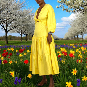 Derek Lam Twist Front Midi Dress Yellow Waist Cutout Poplin Cotton Tiered Medium 40 8