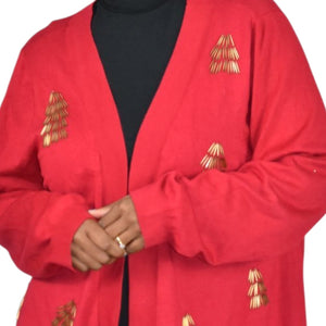 Michael Simon Cardigan Sweater Red Duster Beaded Christmas Trees Asymmetric Cotton Plus 1X