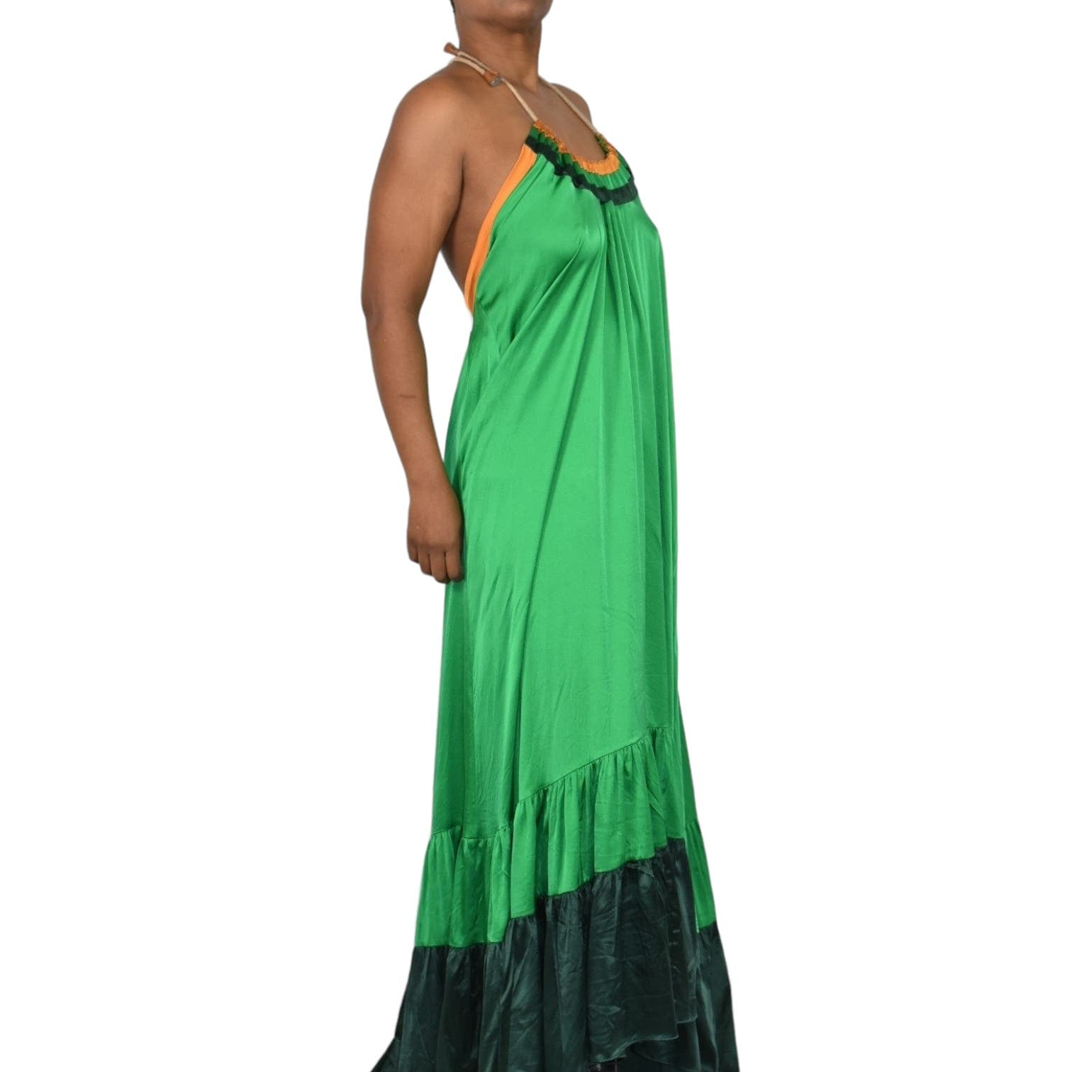 Love Binetti Halter Dress Green Silk Satin Maxi Sundress Draped Tent Oversized Lounge Patio Flowy Size Medium