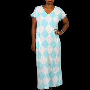 Lula Soul Cotton Caftan Blue Diamond Print Fringe Lightweight Dress Maxi Slits Cover Up Tunic XS