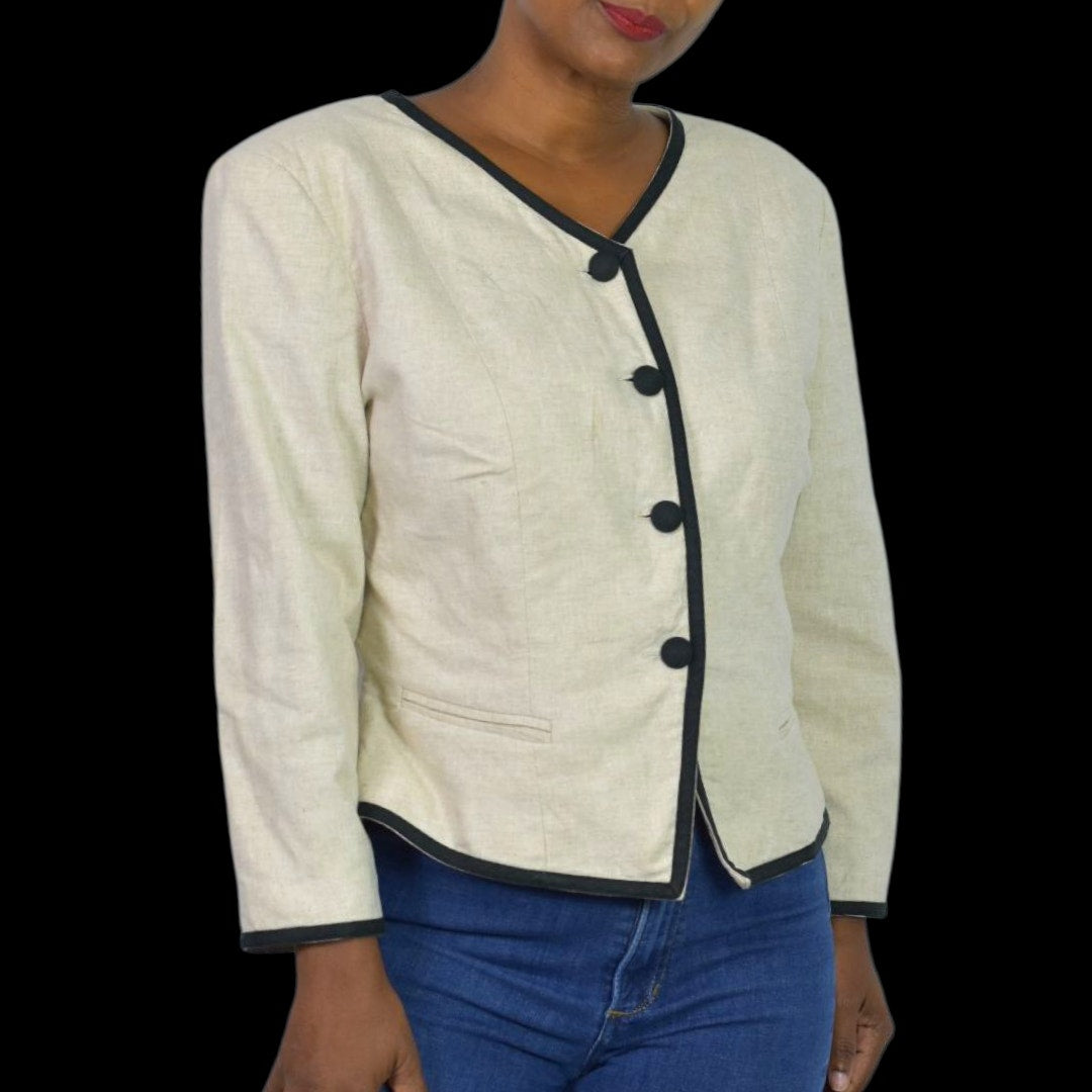 Vintage Althuser Linen Blend Blazer Jacket Beige Cropped Black Trim Tailored Shoulder Pads 10