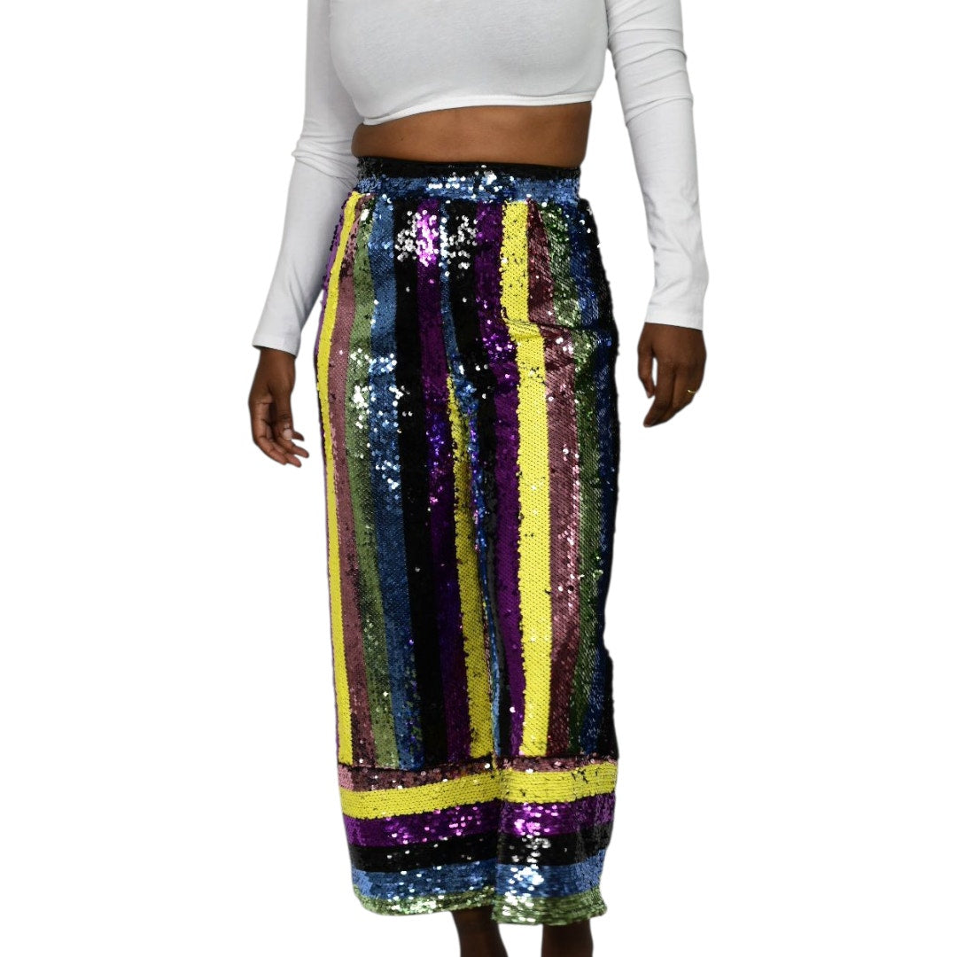 Fashion Nova Sequin Pants Rainbow Stripe Multicolor Cropped Wide Leg Colorblock Small