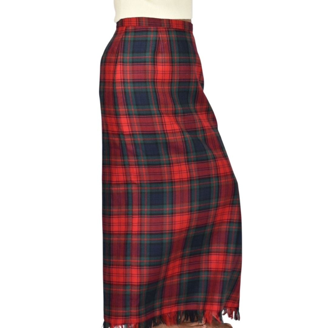 Vintage Rafaella Sport Tartan Maxi Skirt Red Plaid Check Fringe Slit Wool Long Straight Column 8