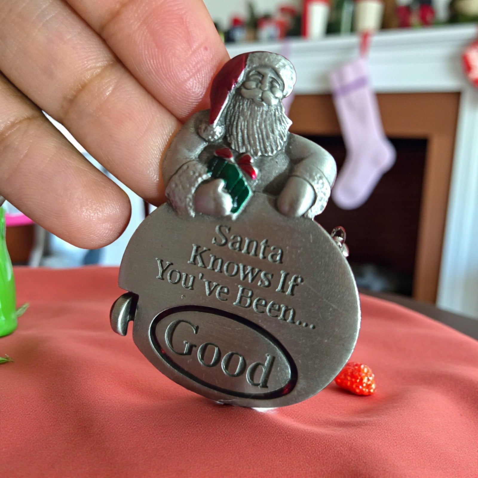 Spooniques Christmas Brooch Pin Santa Good Bad Spinner Enamel Holiday Festive Novelty Quirky