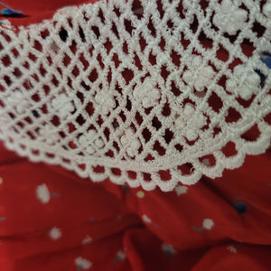 Jane Schaffhausen Belle France Dress Red Floral Midi Puff Sleeves Yoked Silky Rayon Peter Pan Collar Vintage Small