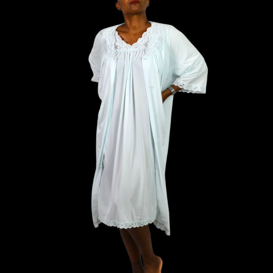 Vintage Shadowline Peignoir Set Blue Baby Powder Chiffon Sheer Nylon Negligee Gown Robe XL