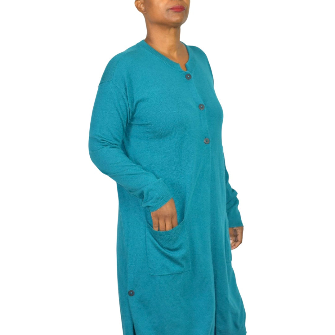 J Jill Longline Cardigan Sweater Green Teal Blue Long Duster Knit Classic Medium