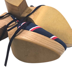Free People Monaco Clogs Blue Navy Stripe Wrap Chunky Platform Wooden Heels 38 7.5