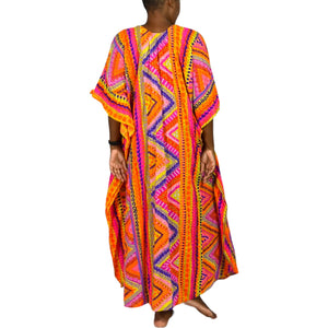 Vintage Abstract Psychedelic Accordion Caftan Dress Pink Geo Neon Dayglo Rainbow Print Maxi 60s 70s One Size S M L