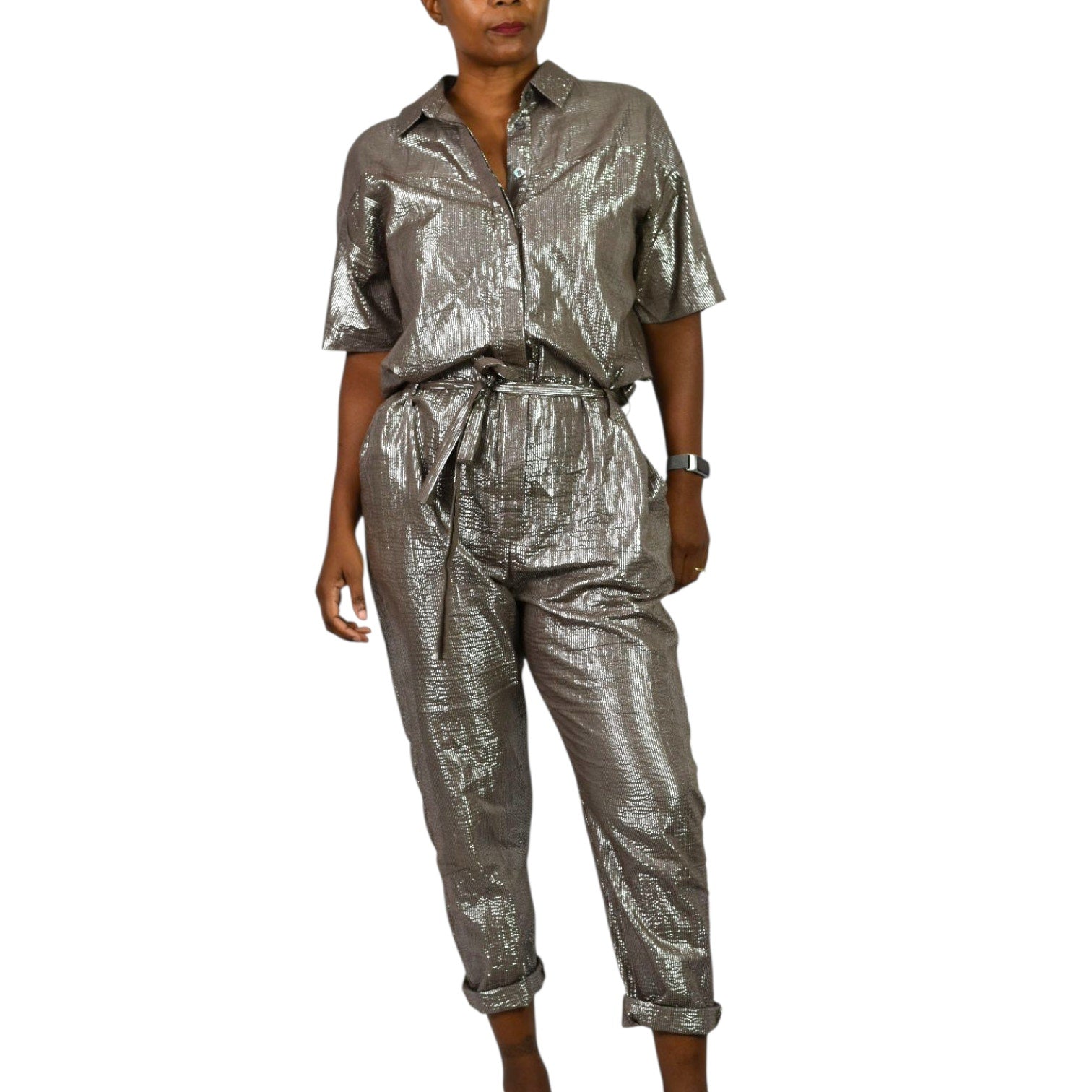 Xirena Theo Metallic Jumpsuit Bronze Brown Metallic Shimmer Cotton Lurex Belted Small