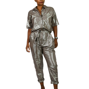 Xirena Theo Metallic Jumpsuit Bronze Brown Metallic Shimmer Cotton Lurex Belted Small
