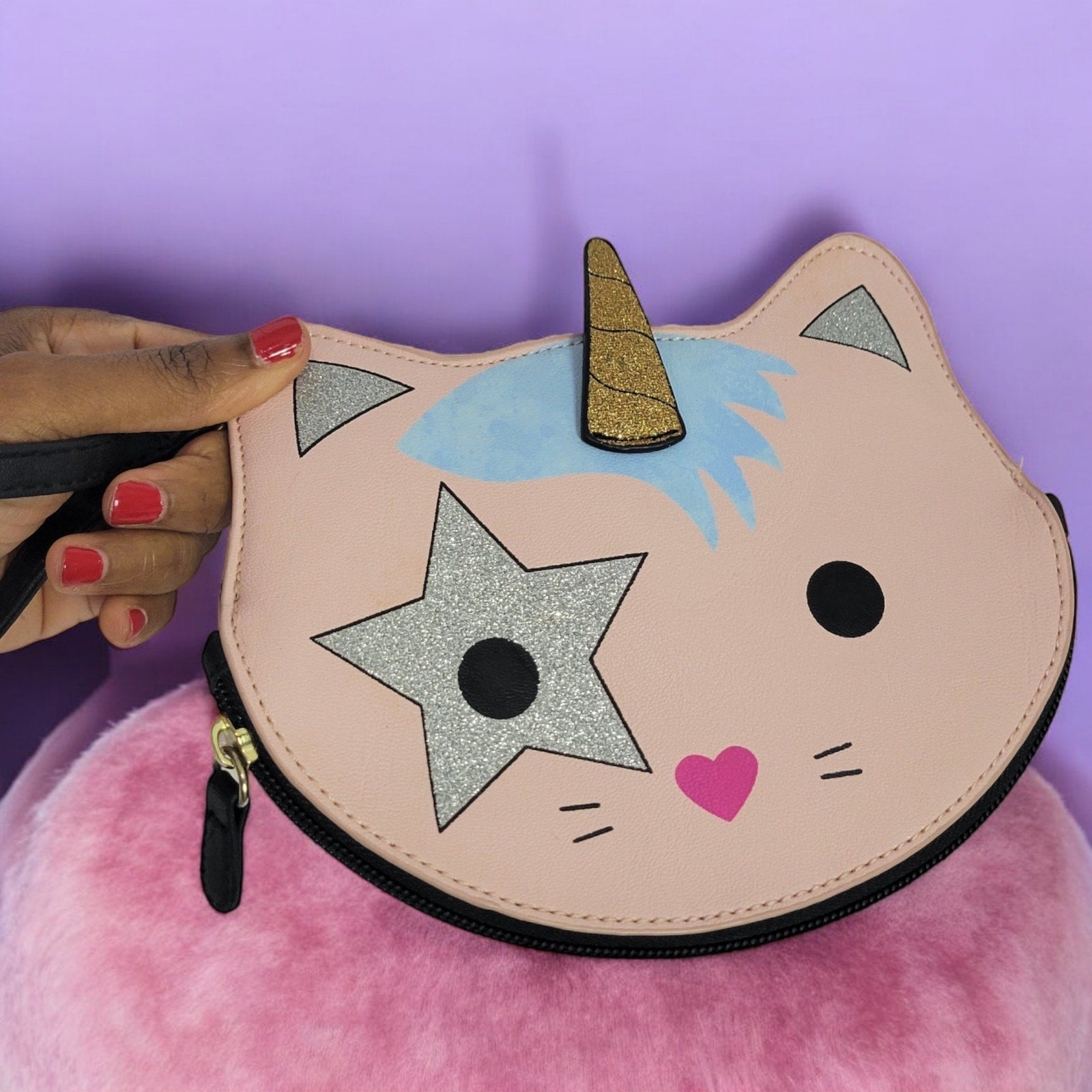 Luv Betsey Johnson Unicorn Cat Wristlet Pouch Kitty Glitter Shimmer Clutch Coin Purse