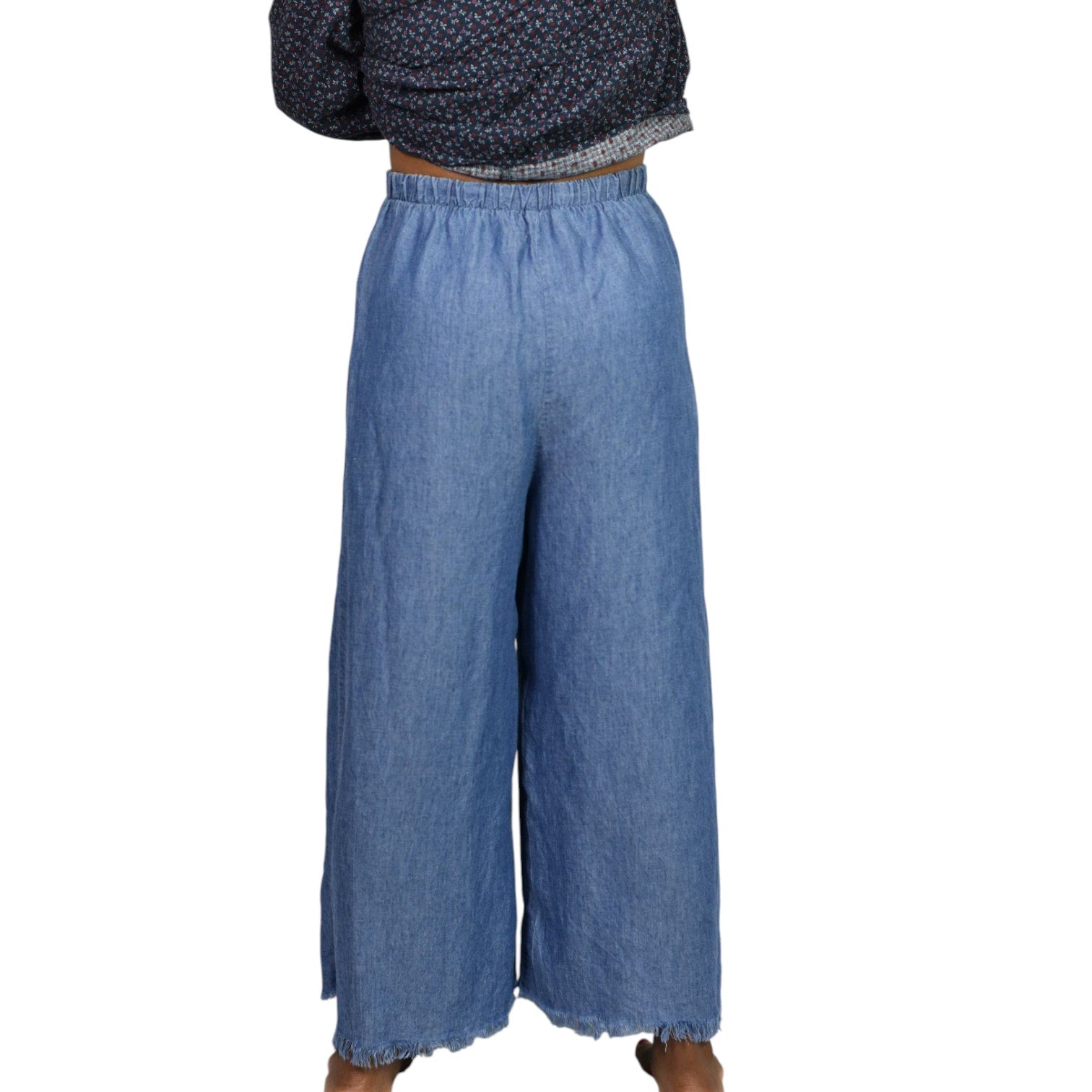 Show Me Your Mumu Explorer Pants Blue Chambray Flare Wide Leg High Waist Pull On Small