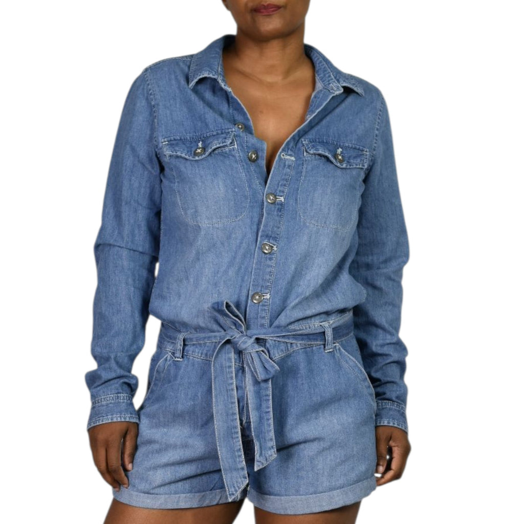 Free People Rivet Romper Blue Chambray Denim Cuffed Shorts Long Sleeve Belted Small