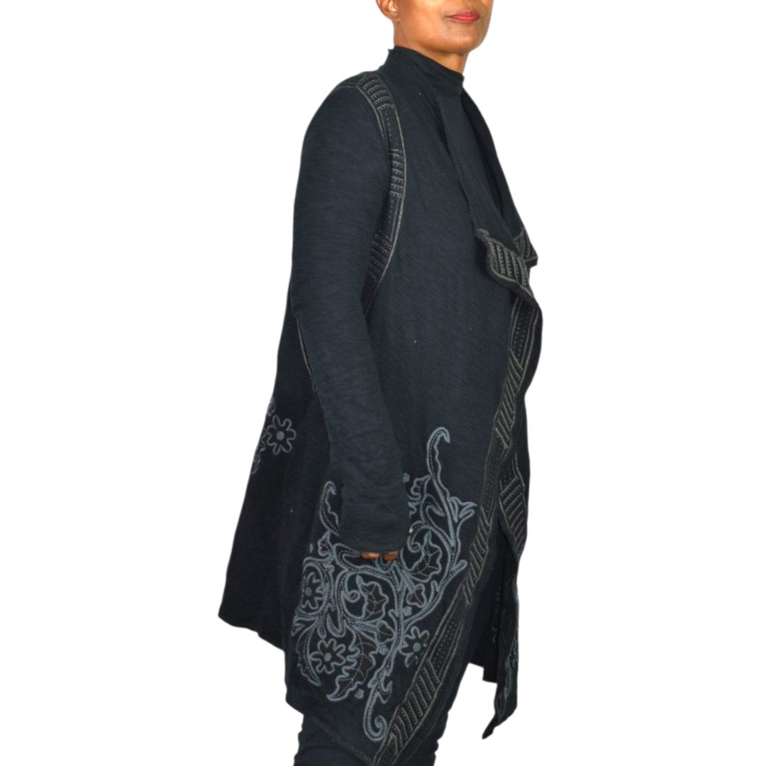Paparazzi Biz Embroidered Asymmetric Cardigan Jacket Black Duster Cotton Open Front Medium