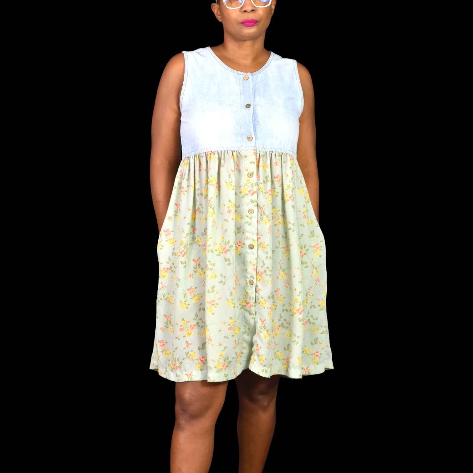 Vintage Express Dress Blue Denim Floral Chiffon Smock Jumper Sundress Button Front Jean 90s Size Medium