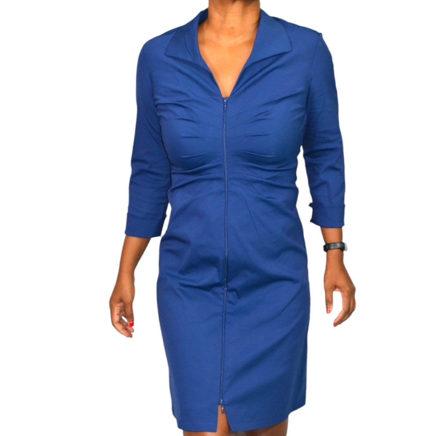 Lafayette 148 Zip Front Shirt Dress Blue Cotton Poplin Classic Ruched Shirtdress Size 2