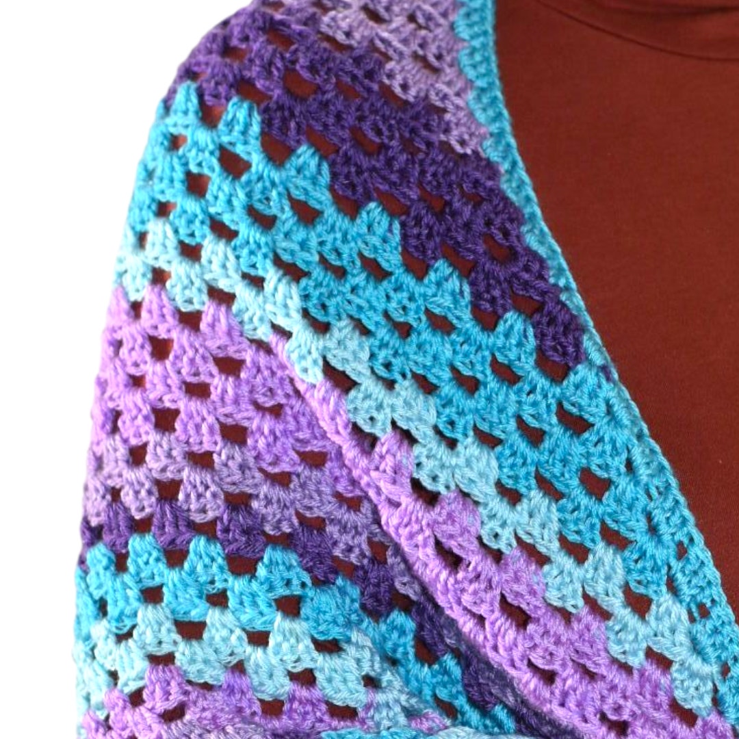 Hand Knit Crochet Shawl Blue Purple Ombre Blanket Wrap Triangle Granny Squares Vintage Afghan One Size S M L