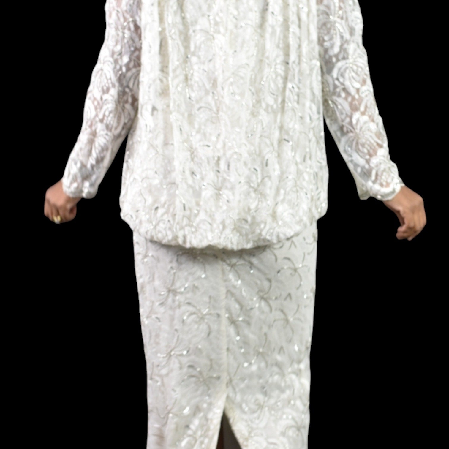 Vintage Beaded Lace Dress White 80s Sequin Long Maxi Blouson Column Handmade Bespoke Shoulder Pads Small