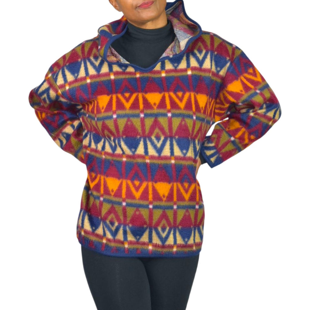 Vintage Jordache Concepts Fleece Jacket Ski Pullover Aztec Geometric Hooded 90s Medium