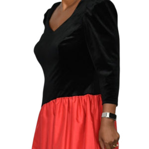 Vintage 80s Black Velvet Dress Red Taffeta Asymmetrical Ruffle Tiered Stretch Handmade Large