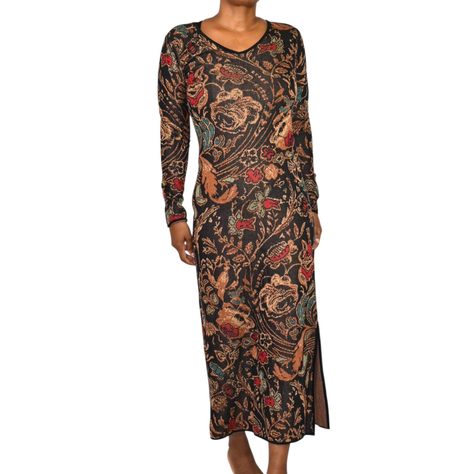 Peruvian Connection Floral Tapestry Jacquard Sweater Dress Black Cotton Knit Print Long Sleeves Midi Small