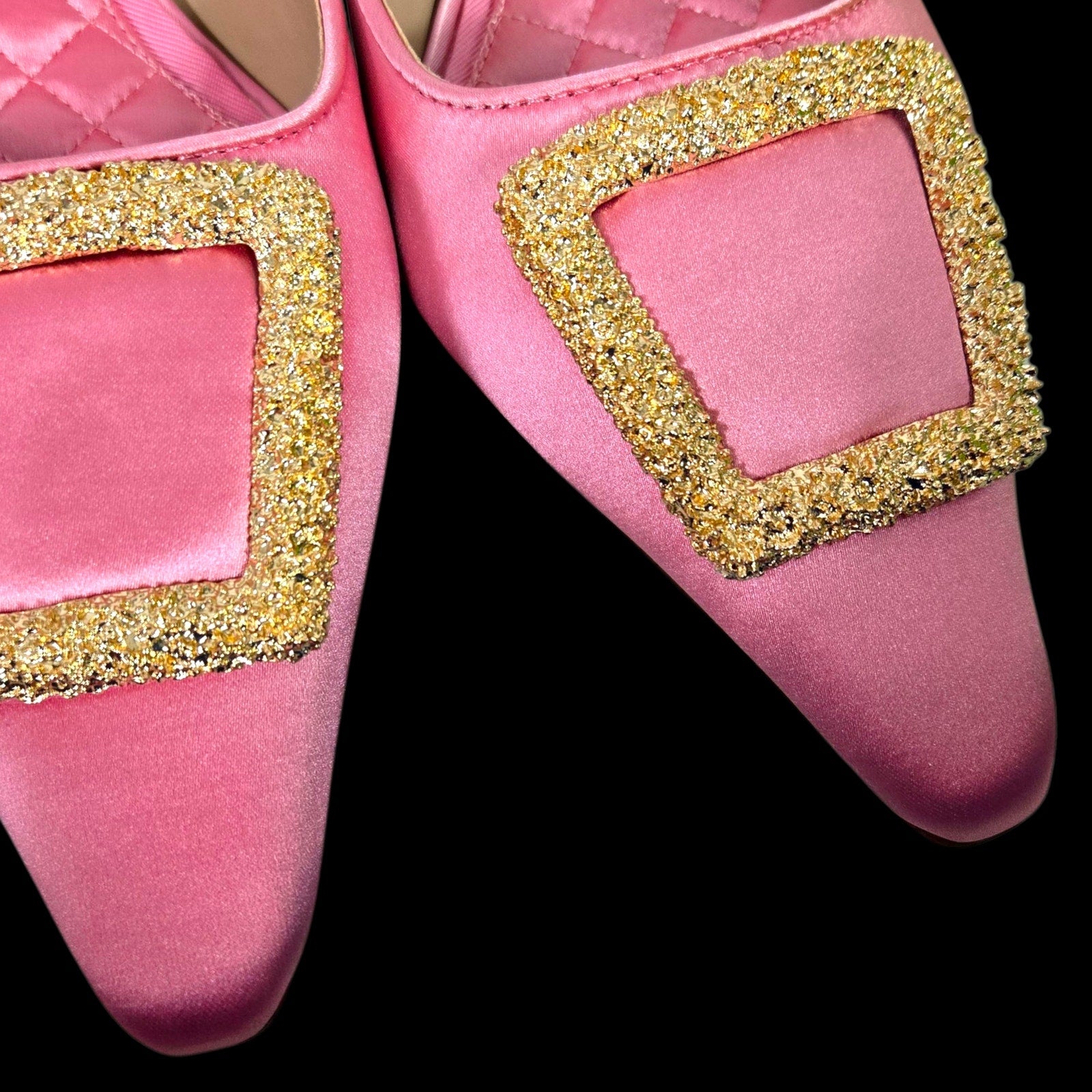 Sam Edelman Brit Satin Mules Pink Almond Toe Embellished Buckle Quilted Sole Kitten Heel 8