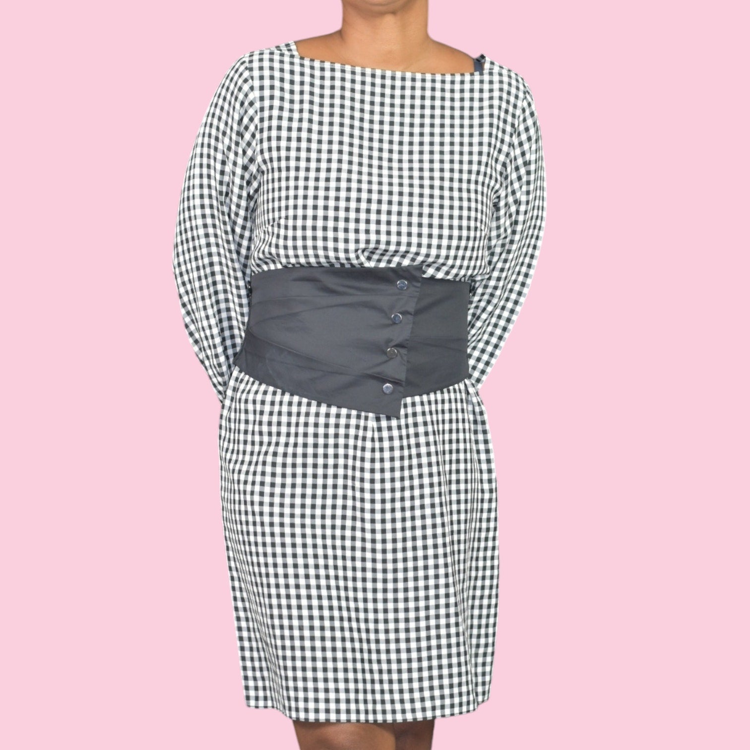 Tibi Gingham Dress Black Corset Belt Check Plaid Shift Long Sleeve Knee Length Size 6