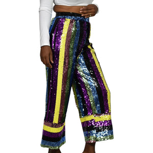 Fashion Nova Sequin Pants Rainbow Stripe Multicolor Cropped Wide Leg Colorblock Small