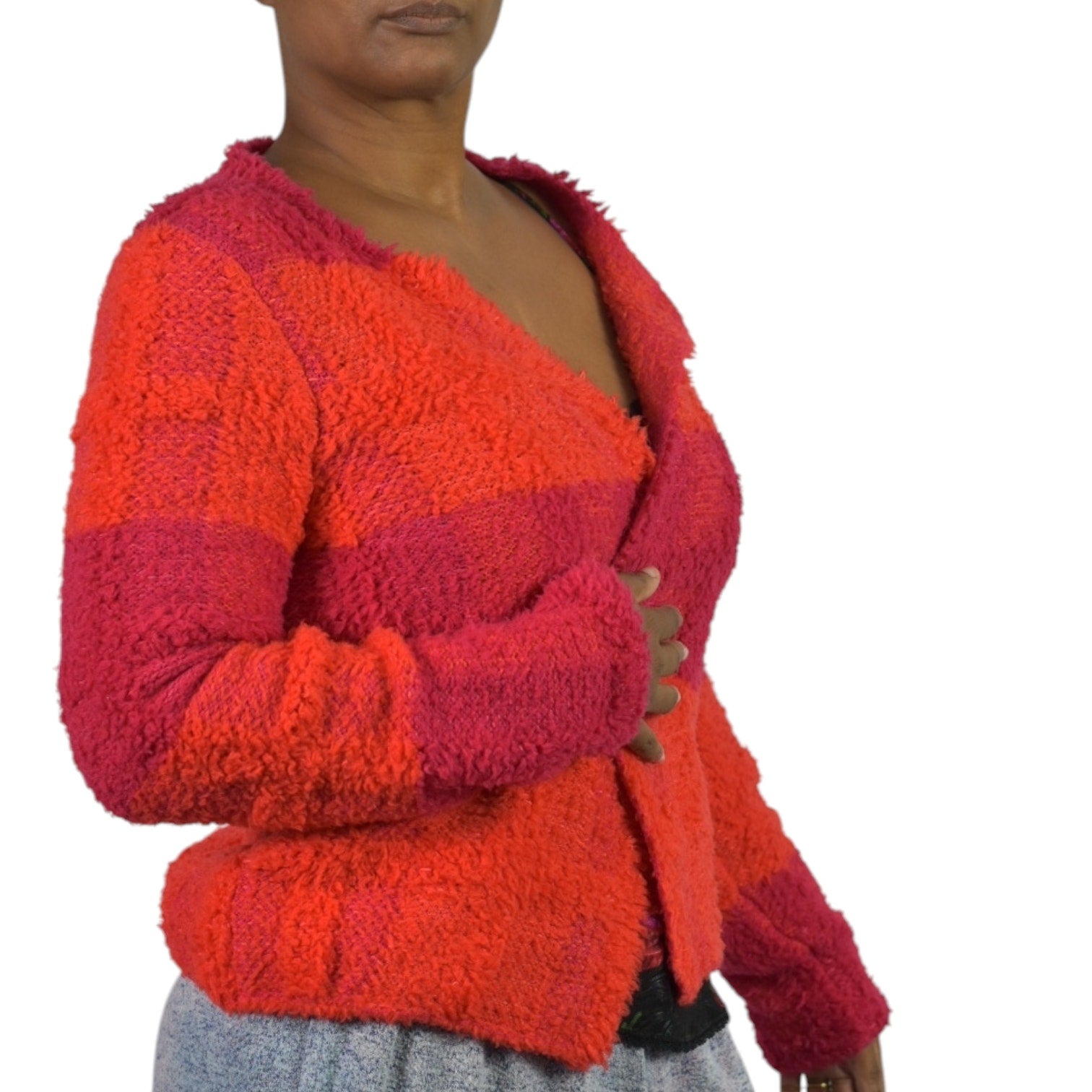 Marc Cain Boucle Sweater Jacket Pink Colorblock Furry Texture Pile Cardigan Wool Alpaca Open Size 6