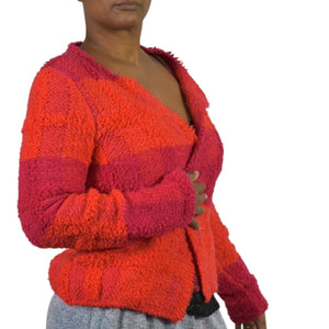Marc Cain Boucle Sweater Jacket Pink Colorblock Furry Texture Pile Cardigan Wool Alpaca Open Size 6