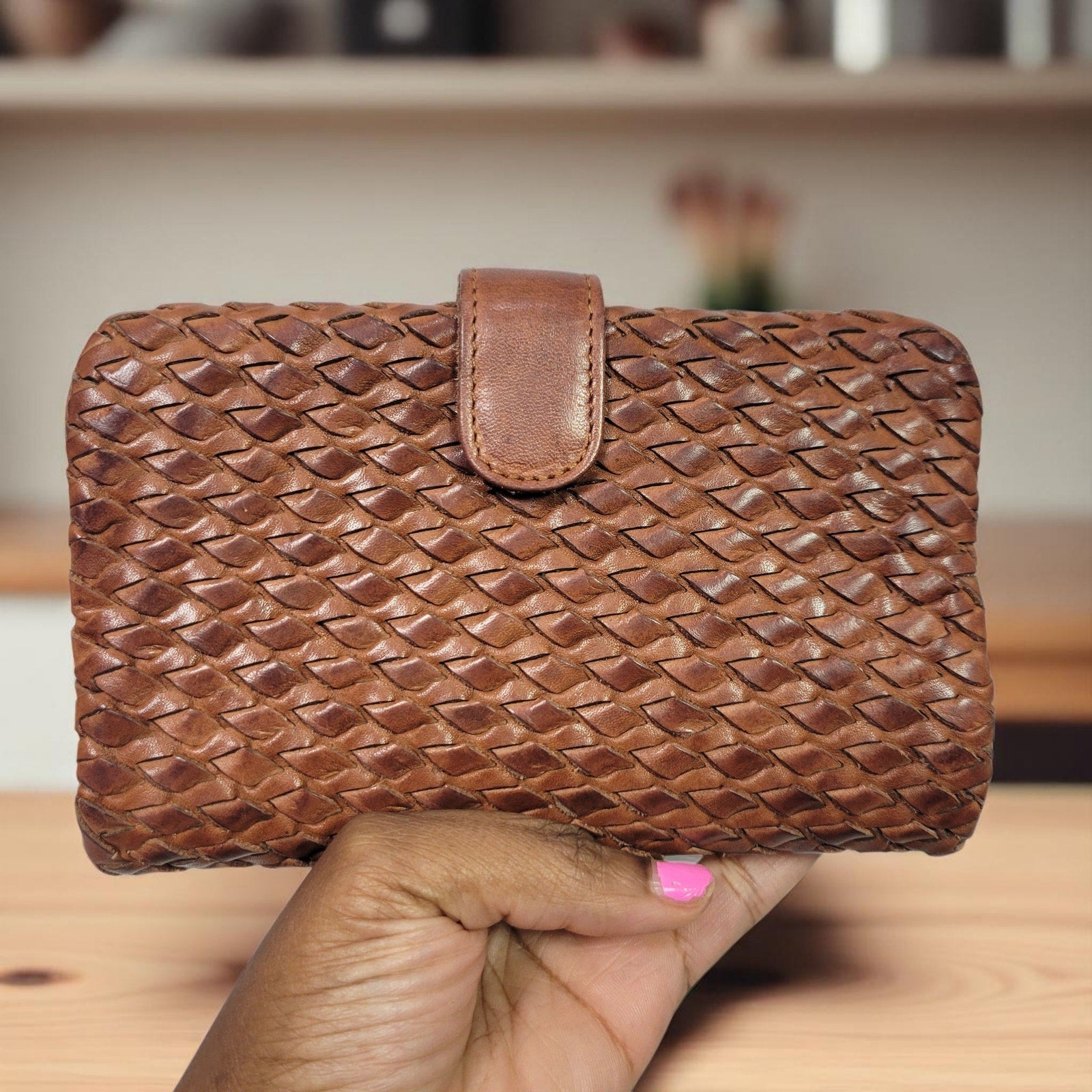 Vilenca Holland Wallet Brown Cognac Leather Woven Soft Pocket Slots Basketweave Billfold Bifold