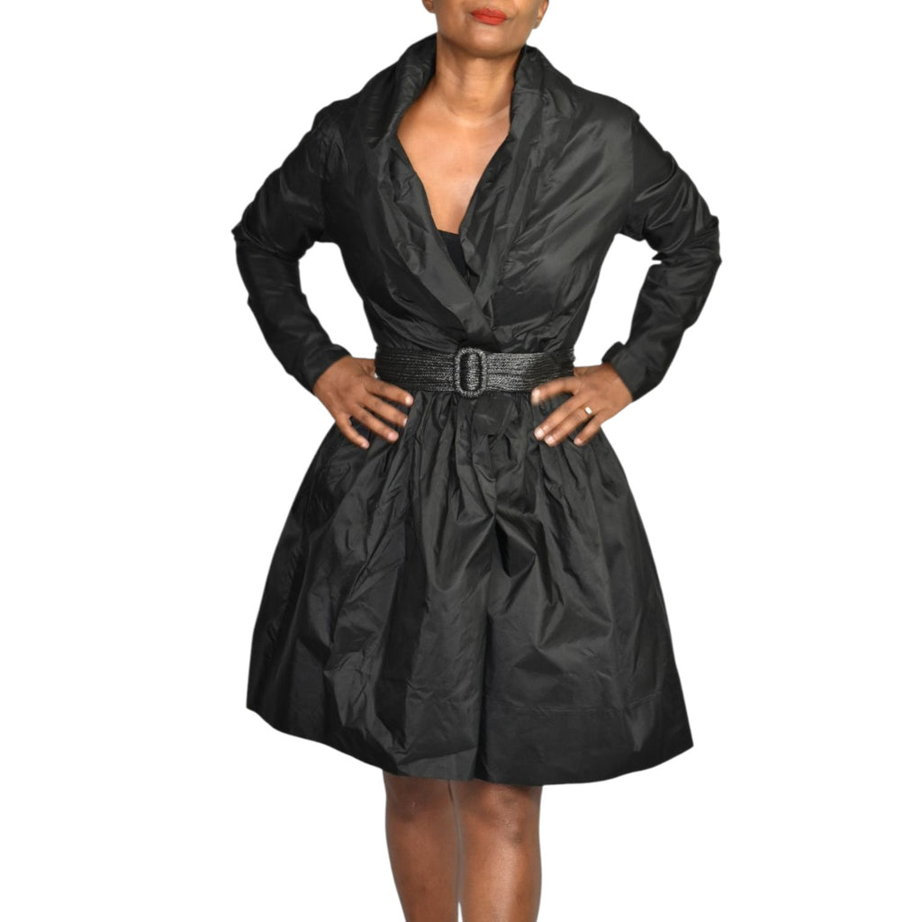 Catherine Regehr Silk Dress Black Wrap Taffeta Evening Formal Shawl Collar Crinoline Henri Bendel Medium