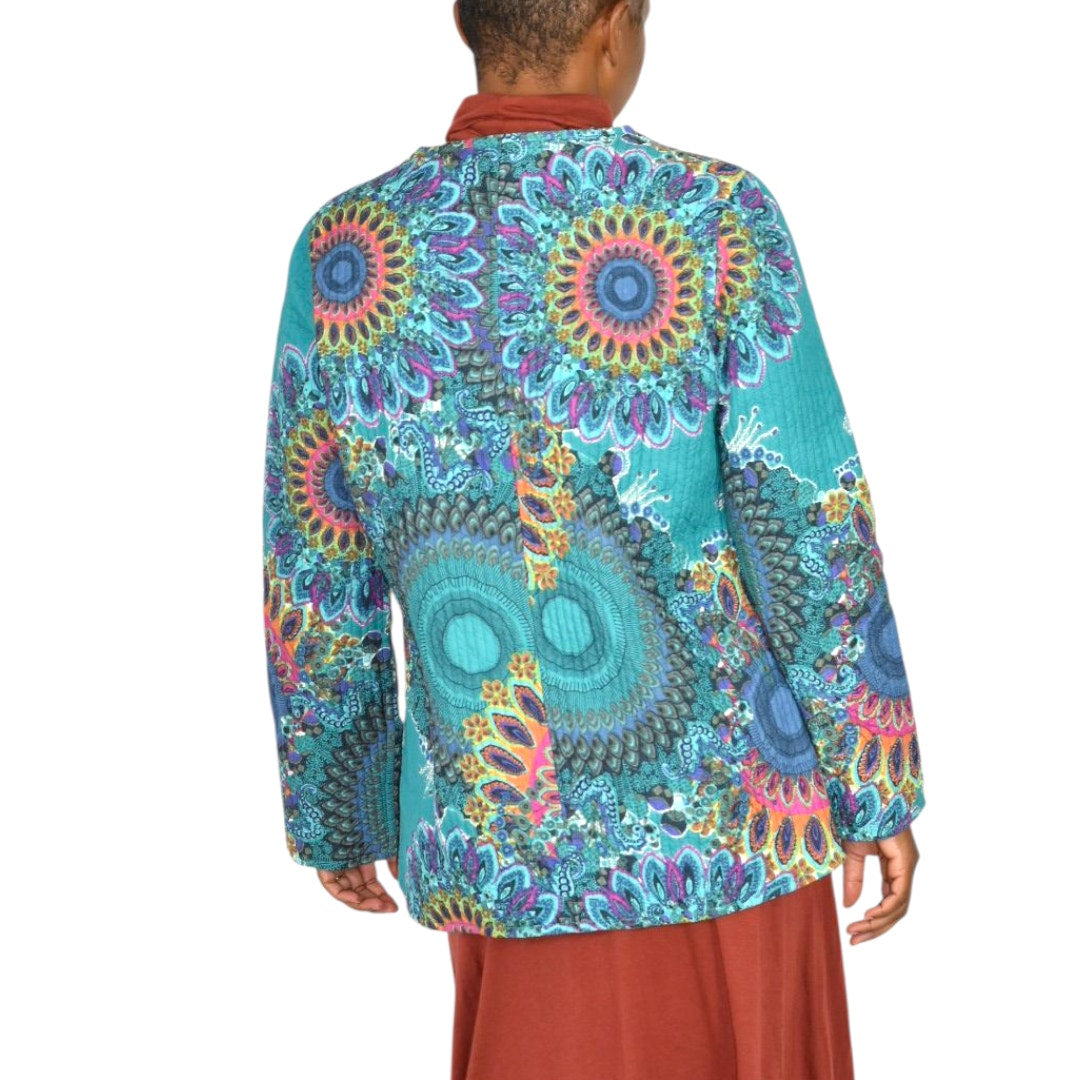 Soft Surroundings Quilted Jacket Green Teal Boho Paisley Floral Cotton Mandala Print Artistic XS