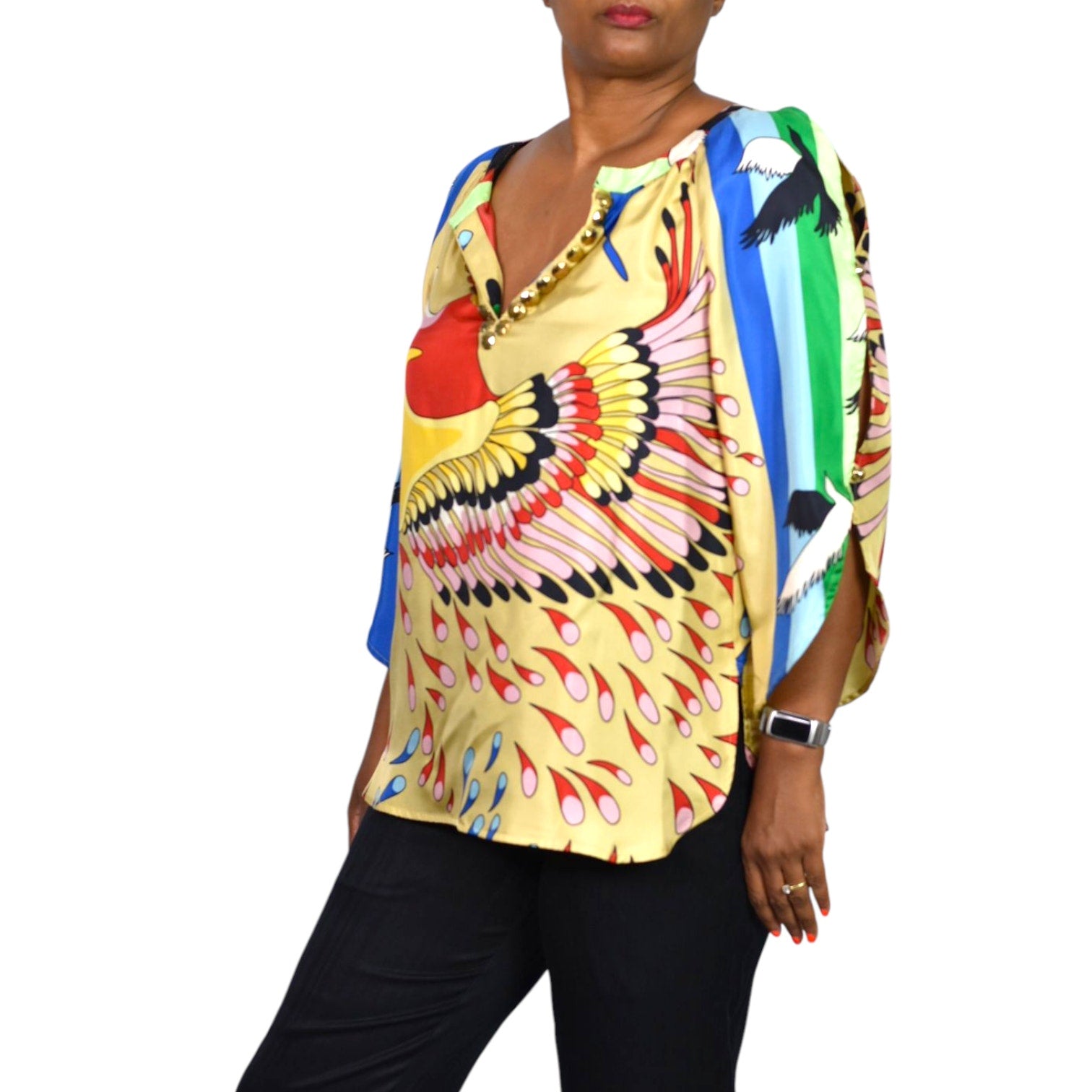 TIBI Silk Printed Tunic Yellow Colorful Peacock Jeweled Studded Blue Cutouts Birds 6