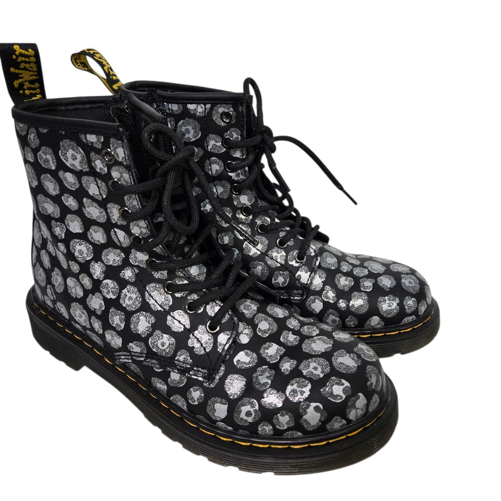 Dr Martens Junior Leopard Hydro Combat Boots Black Skulls Metallic Leather Ankle Girls 4