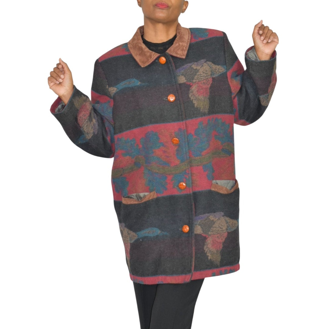 VINTAGE Flytime Tapestry Mallard Coat Italy Wool Duck Foliage Oversized Medium