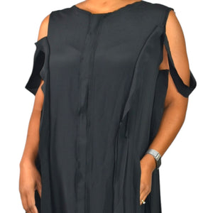 MeimeiJ Draped Dress Black Cutout Cold Shoulder Strappy Silk Blend Midi Wearable Art 8