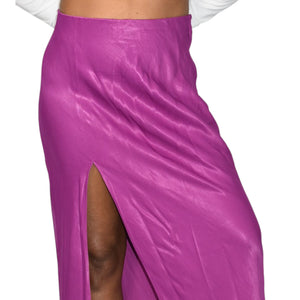 Anthropologie Silky Slip Skirt Purple Magenta Thigh Slit Midi Straight Column Viscose Medium