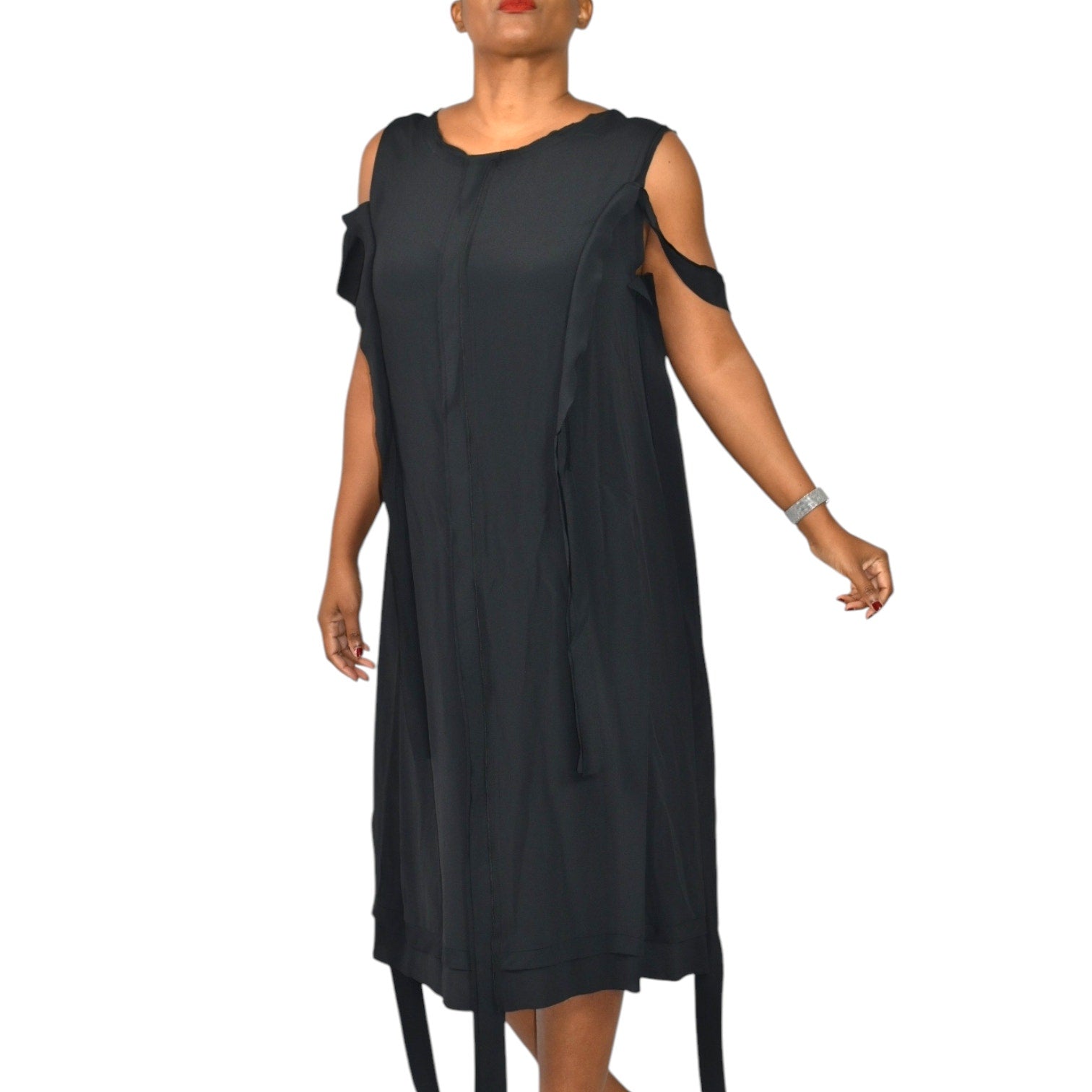 MeimeiJ Draped Dress Black Cutout Cold Shoulder Strappy Silk Blend Midi Wearable Art 8