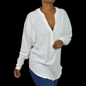 Free People Coffee Chat Pullover Top White Henley Tunic Pointelle Knit Ribbed Oversized Medium