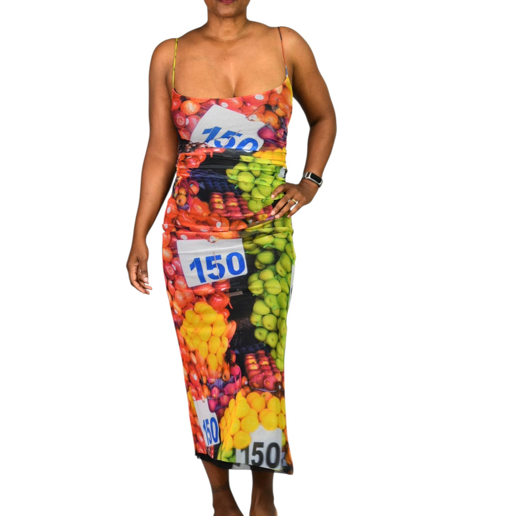 Zara Fruit Market Dress Black Multicolor Mesh Photorealistic Print Stretch Slip Side Slit Midi Column Bodycon Small