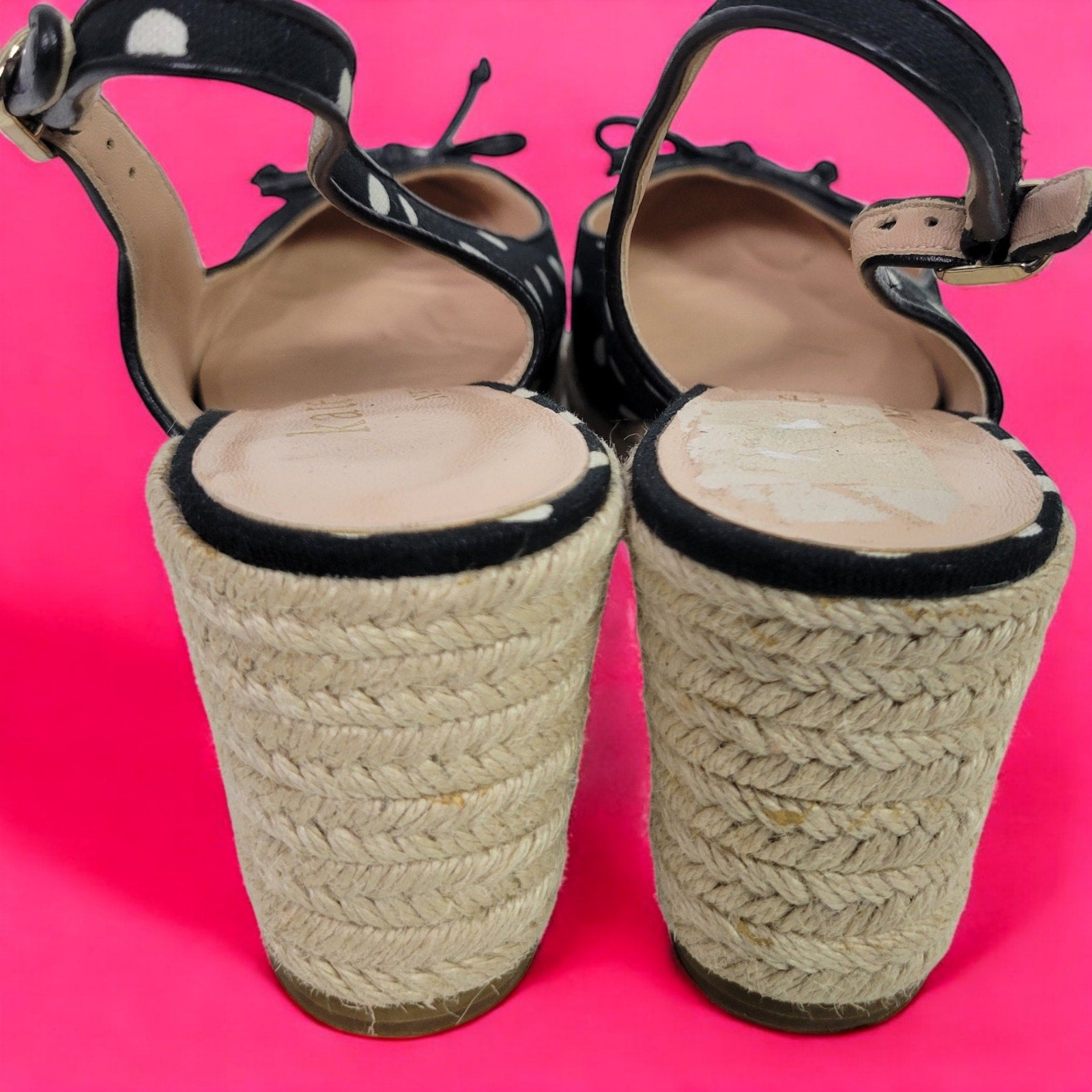 Kate Spade Panama Nights Wedge Black Polka Dot Heels Espadrille Canvas Slingback Size 7.5