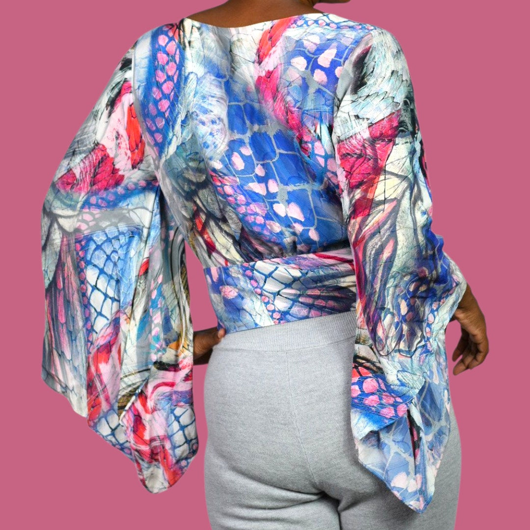 Leifsdottir Serpent Charmer Silk Blouse Top Blue Wrap Watercolor Print Kimono Sleeve Anthropologie 6