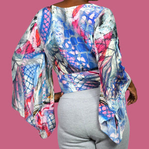 Leifsdottir Serpent Charmer Silk Blouse Top Blue Wrap Watercolor Print Kimono Sleeve Anthropologie 6