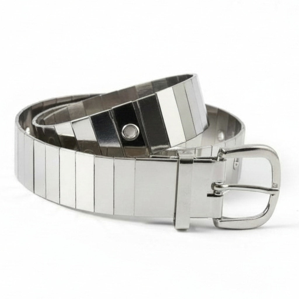 Vintage Mirror Segmented Belt Silver Y2K Chrome Metal Metallic Shiny Futuristic Small