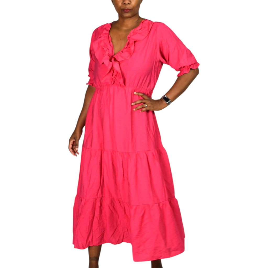 Zara Frilly Dress Pink Bright Hot Fuchsia Midi Tiered Romantic Girly Ruffle Neck Large