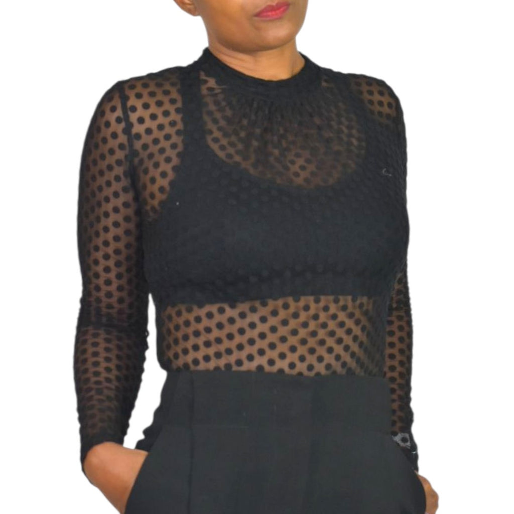 Windsor Sheer Bodysuit Black Flocked Polka Dot Mock Mesh Neck Long Sleeves Top Small